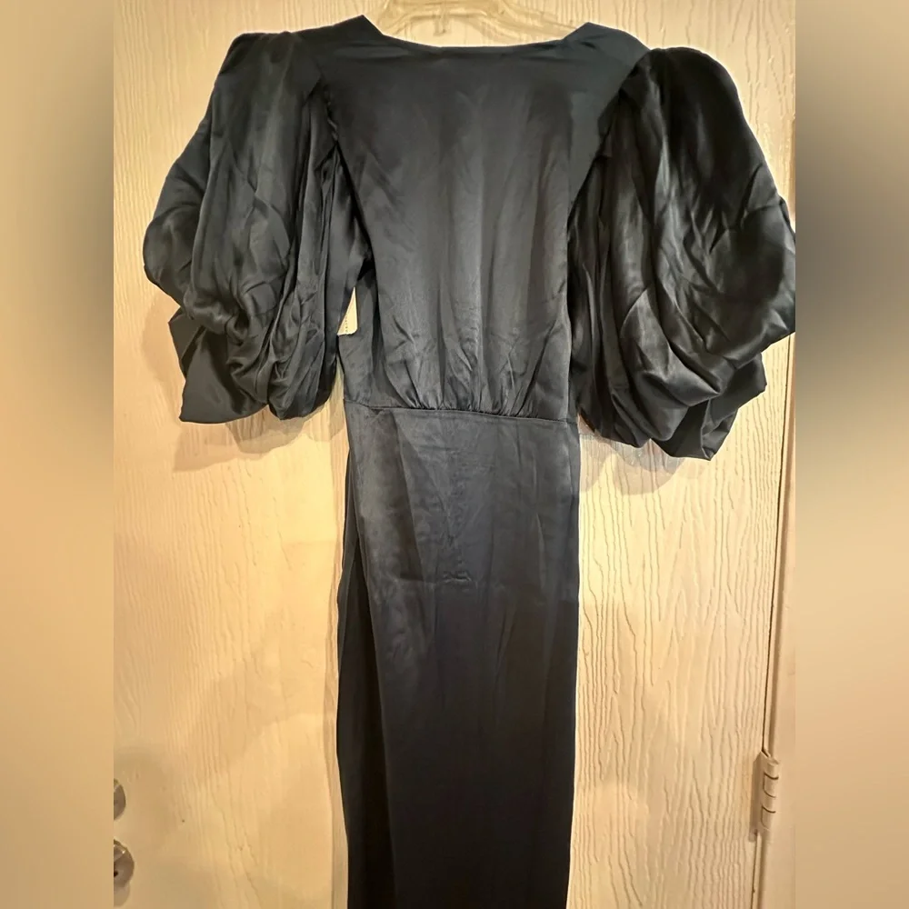 NWT MAGALI PASCAL Navy Baron long dress Puff-Sleeved Midi Dress silk Size M - Picture 9 of 11